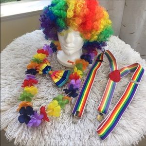 Rainbow Afro Wig, Suspenders & Bow Tie set